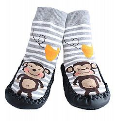 Baby Boys Girls Moccasins ANTI-SKID Indoor Shoes Socks STRIPED GREY MONKEY (9-18 MTHS)