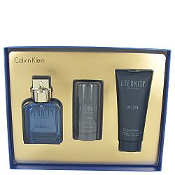 Eternity Aqua for Men by Calvin Klein, Gift Set - 3.4 oz Eau De Toilette Spray + 3.4 oz After Shave Balm + 2.6 oz Deodorant Stick
