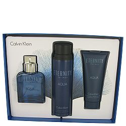 Eternity Aqua for Men by Calvin Klein, Gift Set - 3.4 oz Eau De Toilette Spray + 5.4 oz All Over Body Spray + 3.4 oz After Shave Balm