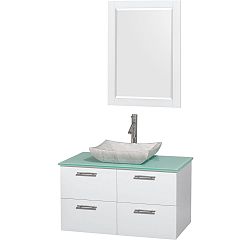 Amare 36-inch W Vanity in White with Glass Top with White Basin and Mirror