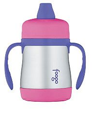 THERMOS FOOGO Vacuum Insulated Stainless Steel 7-Ounce Soft Spout Sippy Cup with Handles, Pink/Purple