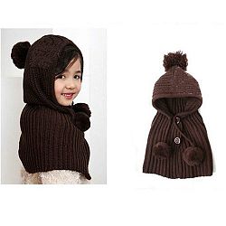 Winter Knit Crochet Baby Kids Toddler Beanie Wrap Hat Shawl Ear Warm Cap Set Coffee