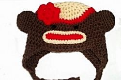 Sweet Lullabiez Handmade Tan Red & Brown Sock Monkey Beanie with Red Flower / Hat Size 0-3 Months