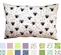 TODDLER PILLOW (13"x18") in White & Prints - No Pillowcase Needed - Hypoallergenic - Made in USA - Double Stitched for Extra Durability - Soft Percale - Most Recommended since 2007 - No Flame Retardants - Machine Washable - Ages 2 to 4 (Sheep)