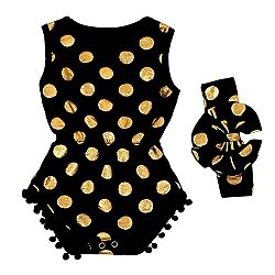 Itaar Baby Girl Jumpsuit Romper with Headband Cotton Gold Dot Summer Clothes