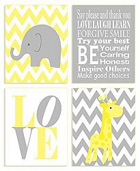 The Kids Room by Stupell Yellow and Grey Chevron Elephant and Giraffe Typography 4-Pc. Rectangle Wall Plaque Set by The Kids Room by Stupell