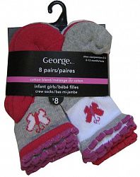George Infant Girls' Cotton Blend Crew Socks, Pair Of 8 Multi