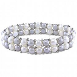 Unbrand 6-7Mm White And Grey Cultured Freshwater Pearl Brass Double 7 Row Stretch Bracelet