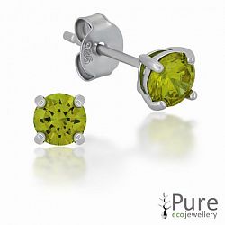 Pure Ecojewellery Peridot Cz 4Mm Round Prong Set Stud Earrings In Sterling Silver