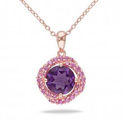 Tangelo 1.88 Carat T. G. W. Amethyst And Created Pink Sapphire Rose Rhodium-Plated Sterling Silver Swirl Pendant, 18 Purple