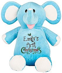 Personalized Stuffed Blue Elephant, Embroidered for Child's First Christmas