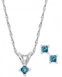 10k White Gold Blue Diamond Pendant Necklace and Stud Earrings Set (1/10 ct. t. w. )