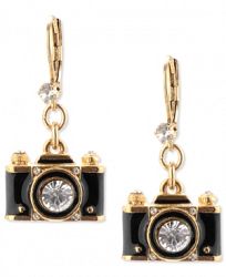 Betsey Johnson Gold-Tone Black Camera Crystal Drop Earrings