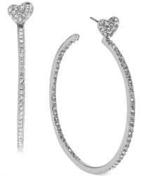 Betsey Johnson Medium Silver-Tone Crystal Heart Hoop Earrings