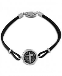 Effy Men's Black Leather Cross Disc Bracelet in Sterling Silver