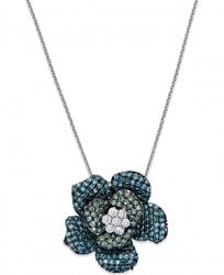 Blue and Green Diamond Flower Pendant Necklace in 14k White Gold (1 ct. t. w. )