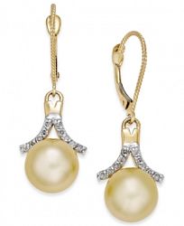 Cultured Golden South Sea Pearl (9mm) and Diamond (1/5 ct. t. w. ) Drop Earrings in 14k Gold