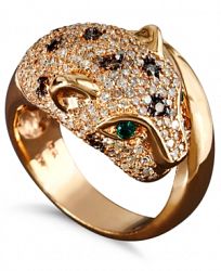 Effy Signature Diamond White and Champagne Diamond (1-1/3 ct. t. w. ) and Emerald Accent Panther Ring in 14k Rose Gold