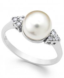 Akoyo Pearl (8mm) and Diamond (1/8 ct. t. w. ) Ring in 14k White Gold