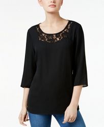 Ny Collection Petite Lace-Detail Dobby Top