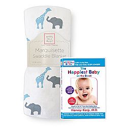 SwaddleDesigns Marquisette Swaddling Blanket, Premium Cotton Muslin, and The Happiest Baby DVD Bundle, Blue Safari Fun