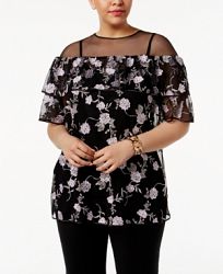 Alfani Plus Size Embroidered Mesh Ruffle Top, Created for Macy's