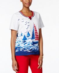 Alfred Dunner Petite Lady Liberty Tie-Neck Sailboat Top