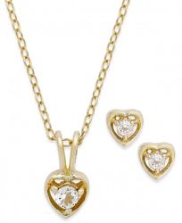 Children's 18k Gold over Sterling Silver Necklace and Earrings Set, April Birthstone White Topaz Heart Pendant and Stud Earrings Set (1/5 ct. t. w. )