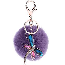 Ayiqi Solid Color Rabbit Plush Ball Dragonfly Pendant Keychain Fluffy Handbag Charm Key Ring Car Key Decoration (Light purple)