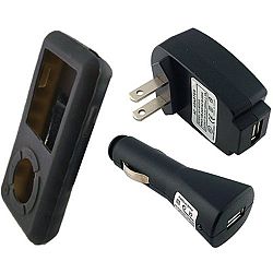 iShoppingdeals - Black Soft Silicone Skin Case Cover + USB Car Charger + USB Travel AC Charger for Sandisk Sansa E240 E250 E260 E280