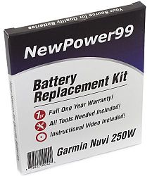 Battery Replacement Kit for Garmin Nuvi 250W with Installation Video, Tools, and Extended Life Battery.