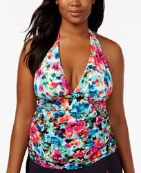 Bleu by Rod Beattie Plus Size Floral-Print Tummy Control Halter Tankini Top Women's Swimsuit