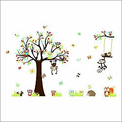 Vinyl Removable Nursery Wall Art Decor Wallpaper Squirrel Monkeys Owl Tree Wall Decals for Baby Kids Room Decorative Peel & Stick Wall Stickers by RRRLJL