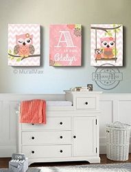 MuralMax - Personalized Owls Swinging From A Branch - Chevron Canvas Decor - The Owl Collection - Set of 2 - Size - 24 x 30