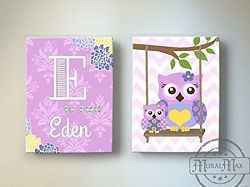 MuralMax - Personalized Chevron Owl Family Perched On A Branch - Canvas Decor -The Owl Collection - Set of 2 - Size - 11 x 14