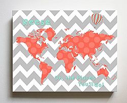 Dr Seuss, Personalized Canvas Nursery Chevron World Map, Customized Baby Name Wall Art Decor, Unique Educational Painting, Memorable Boys & Girls Gift, Giclee Print Stretched on 100% Wood Frame 20X24