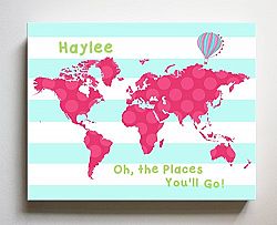 Dr Seuss, Personalized Canvas Nursery Striped World Map, Customized Baby Name Wall Art Decor, Unique Educational Painting, Memorable Boys & Girls Gift, Giclee Print Stretched on 100% Wood Frame 24X30