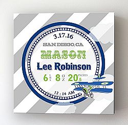 Personalized Stretched Canvas Birth Announcement Gift, Custom Baby Name, Date, Weight Stats, Newborn Airplane Nursery Wall Art Decor, High Quality 100% Wooden Frame Construction, Ready To Hang 30X30