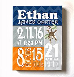 Personalized Stretched Canvas Birth Announcement Gift, Custom Baby Name, Date, Weight Stats, Newborn Nursery Monkey Wall Art Decor, High Quality 100% Wooden Frame Construction, Ready To Hang 24X30