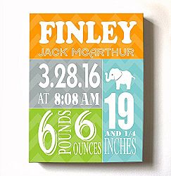 Personalized Stretched Canvas Birth Announcement Gift, Custom Baby Name, Date, Weight Stats, Newborn Elephant Nursery Wall Art Decor, High Quality 100% Wooden Frame Construction, Ready To Hang 12X16