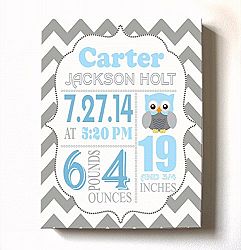 Personalized Stretched Canvas Birth Announcement Gift, Custom Baby Name, Date, Weight Stats, Newborn Nursery Owl Wall Art Decor, High Quality 100% Wooden Frame Construction, Ready To Hang 12X16