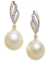 Cultured Golden South Sea Pearl (9mm) and Diamond (1/10 ct. t. w. ) Drop Earrings in 14k Gold