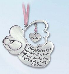 Pretty GUARDIAN ANGEL Baby GIRL Crib Medal 4" PEWTER Medal/CHRISTENING/SHOWER GIFT/Baptism KEEPSAKE/with PINK RIBBON/GIFT BOXED/INFANT - Newborn