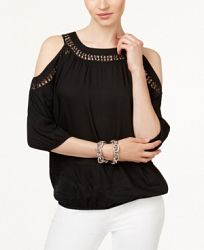 Inc International Concepts Crochet-Trim Cold-Shoulder Top, Created for Macy's
