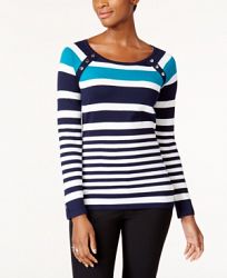 Karen Scott Petite Striped Button-Shoulder Sweater, Created for Macy's