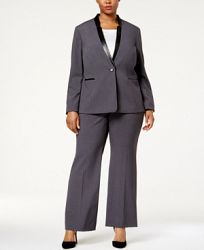 Tahari Asl Plus Size Single-Button Faux-Leather Trim Pantsuit