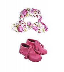 Leather Baby Moccasin with Floral Print Baby Bow Knot Headband (18-24 month)