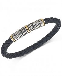 Esquire Men's Jewelry Black Woven Leather Bracelet in Sterling Silver and 14k Gold, Created for Macy's