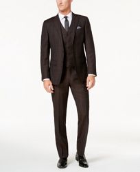 Tallia Men's Slim-Fit Brown Textured Windowpane Vested Wool Suit
