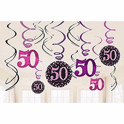 Amscan Sparkling Pink Celebration 50th Birthday Swirl Decorations (Pack of 12) (One Size) (Black/Pink)